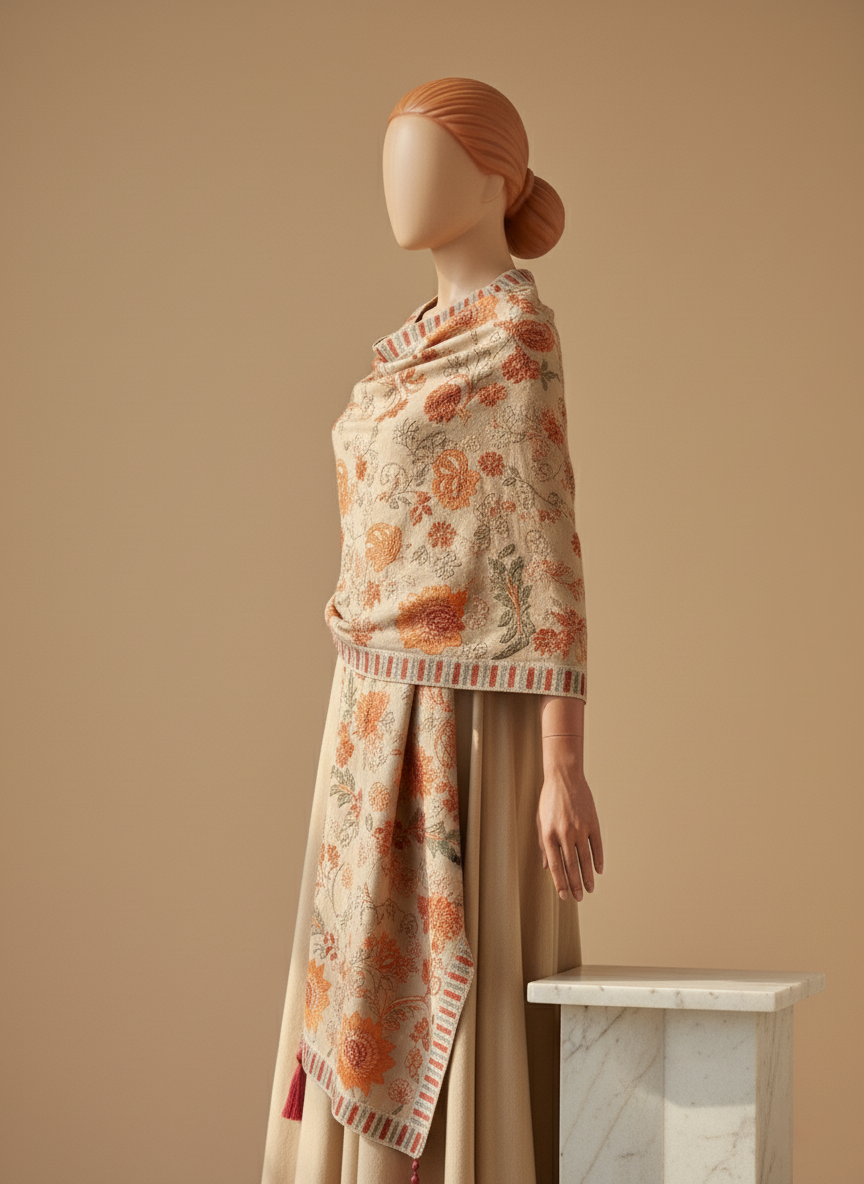 Sarinnah D77-Embroidered Karandi Beige Shawl