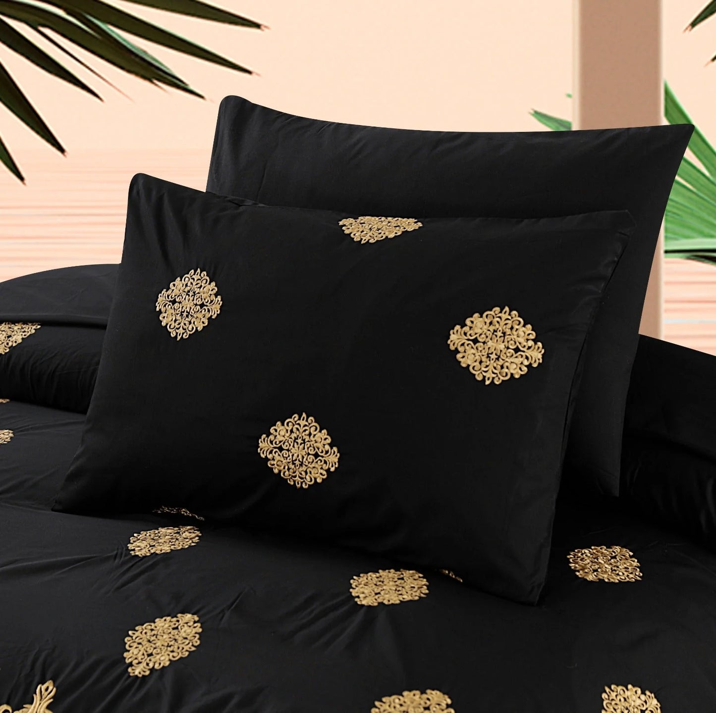 Black Swish Embroidered Duvet Cover Set (Luxury Sateen)