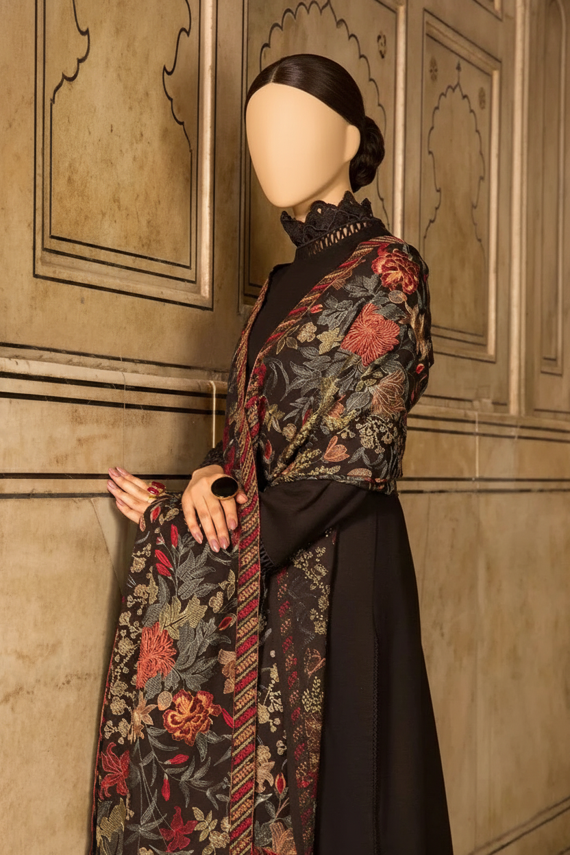 Grace premium D50- Embroidered Karandi Black Shawl.