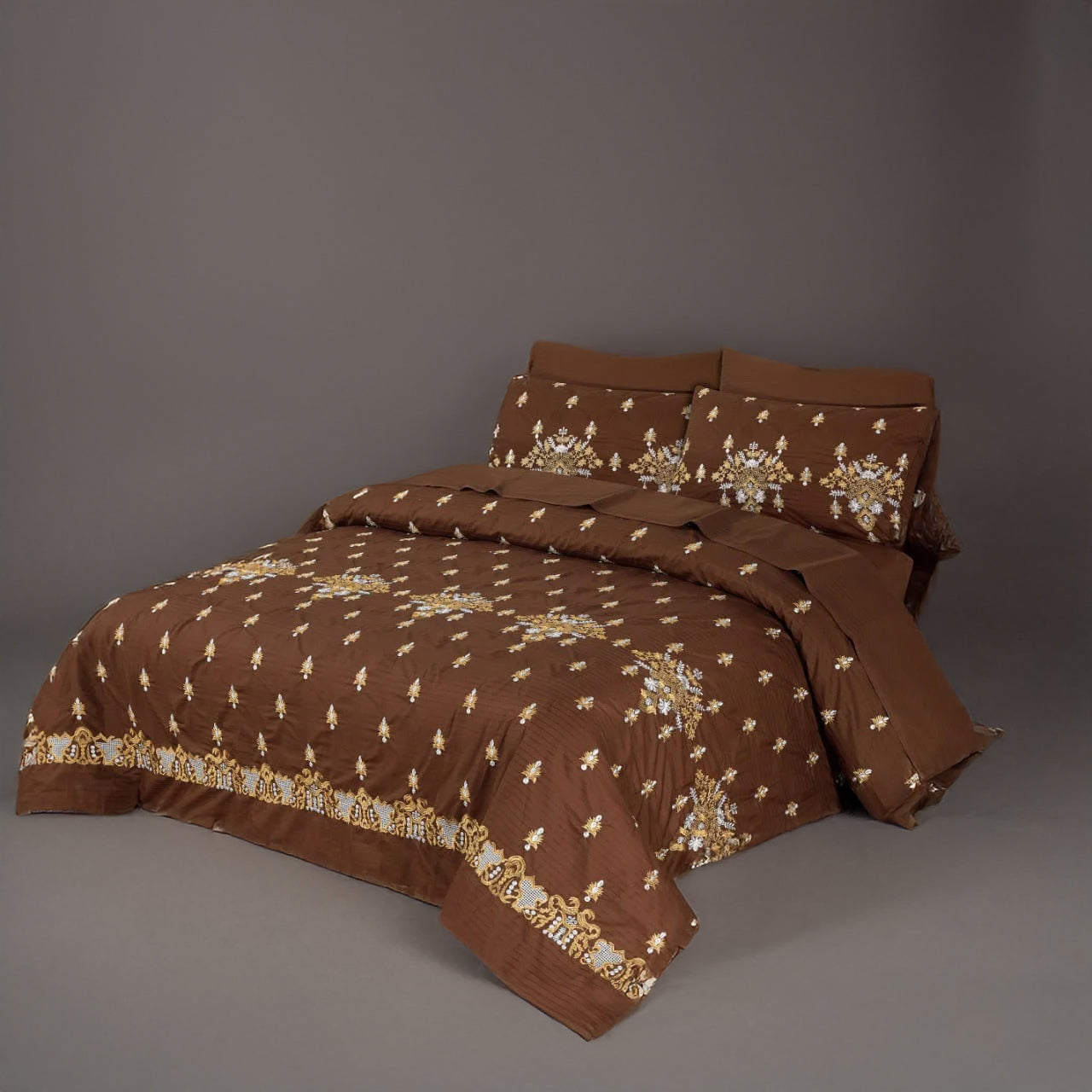 Brown Embroidered Duvet Cover Set (Luxury Sateen)