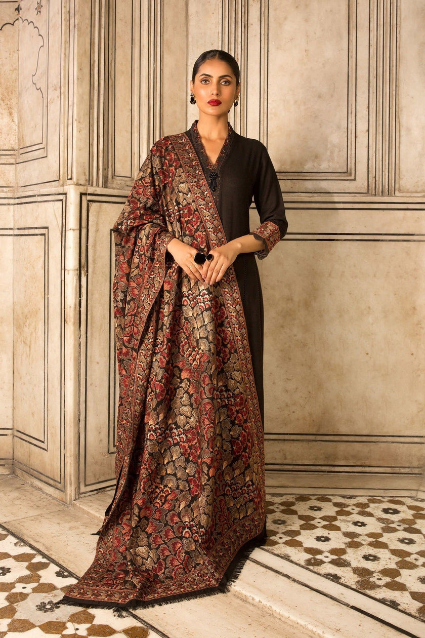 Grace premium D48- Embroidered Karandi black Shawl.